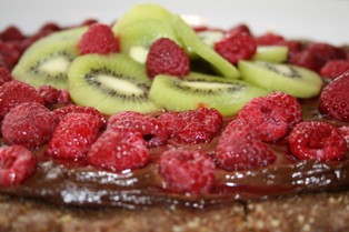 Raw food Date Nut Torte with Chocolate Moose and fruit